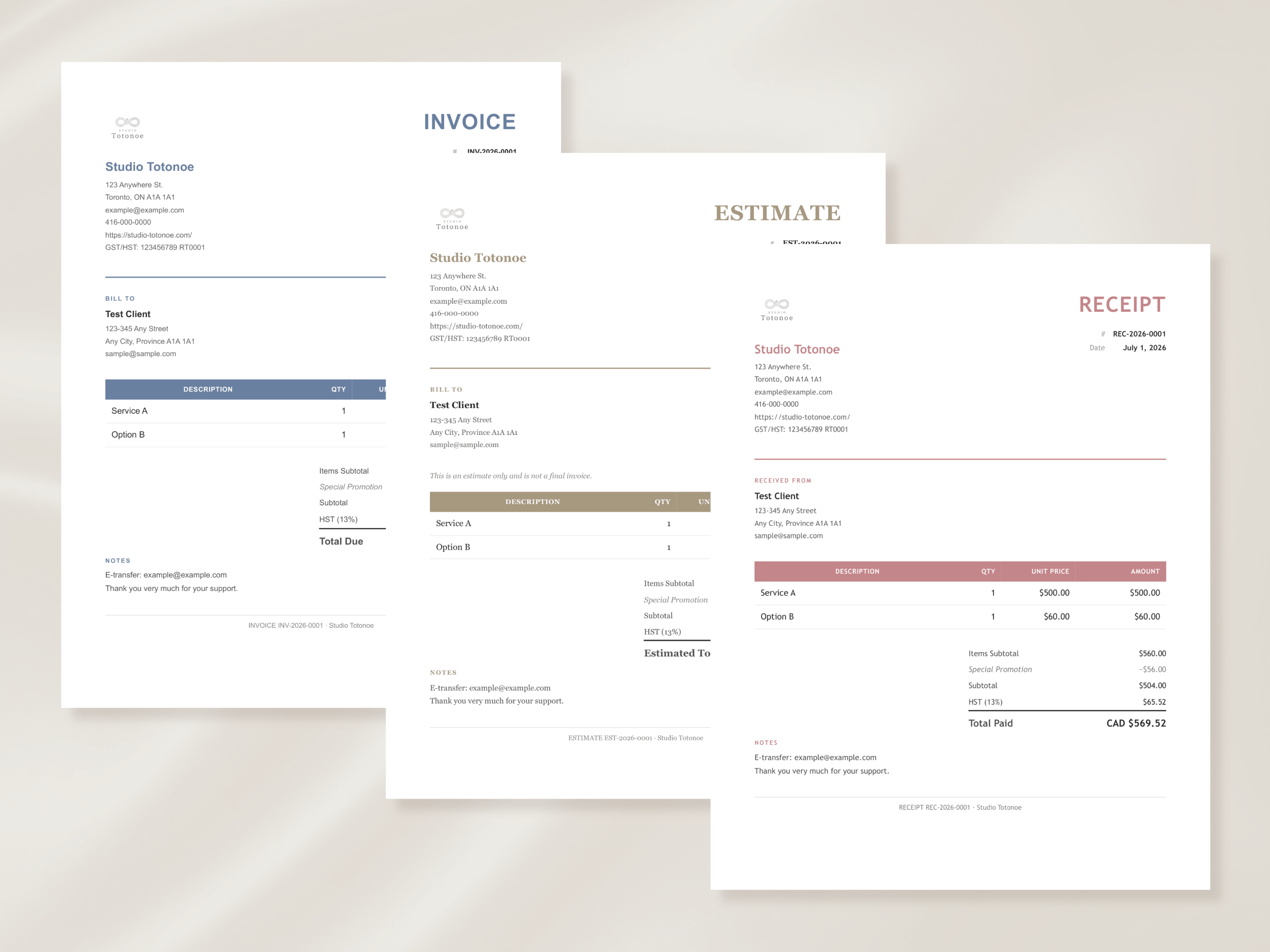 異なるフォントとアクセントカラーで作成したInvoice・Estimate・Receiptのバリエーション